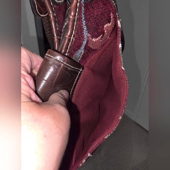 Burgundy Floral Tapestry Purse With Brown Faux Leather - Picture 10 of 11